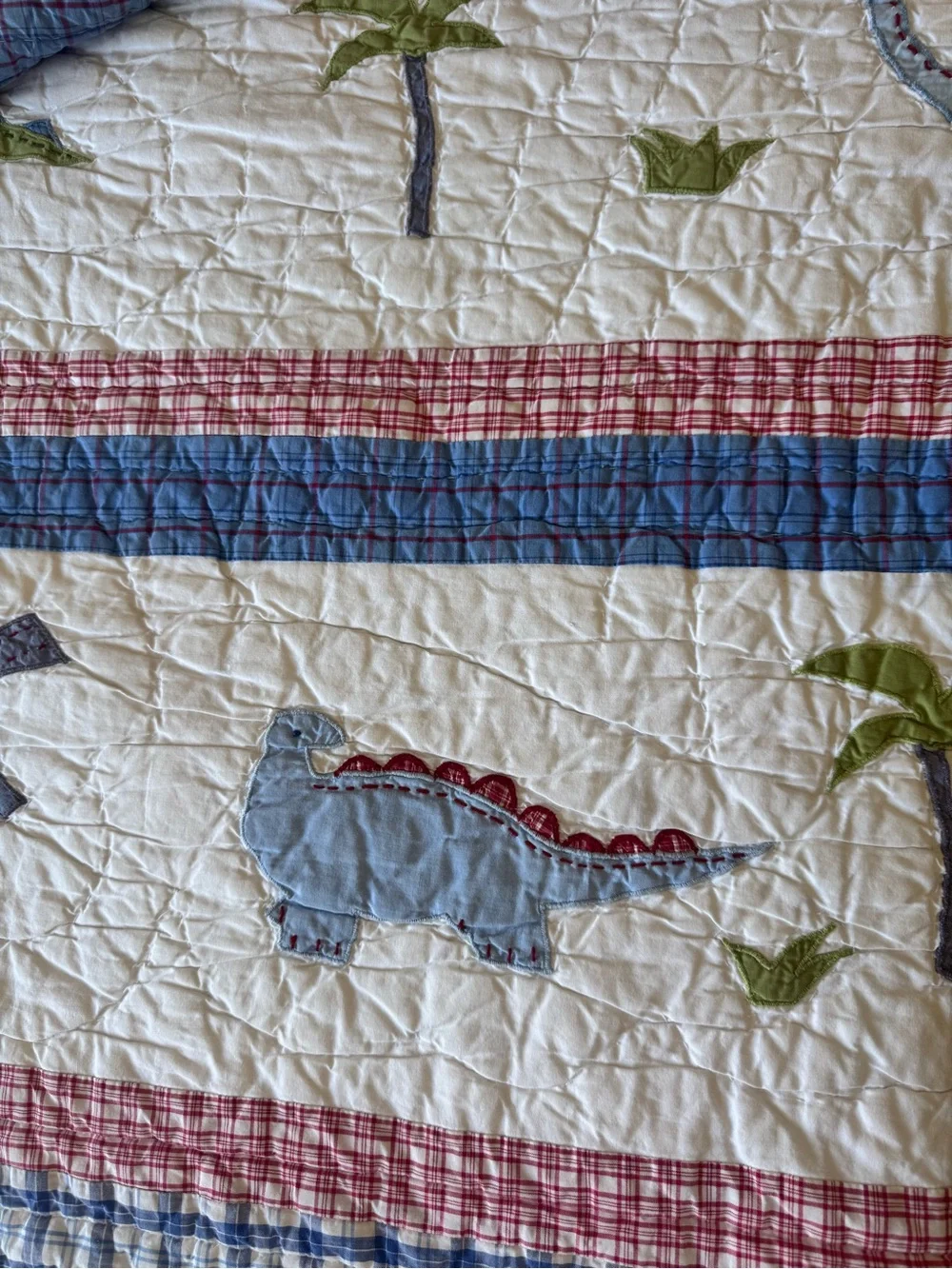 Pottery Barn Kids Dinosaur Appliqué Quilt in Cream, Blue, Green